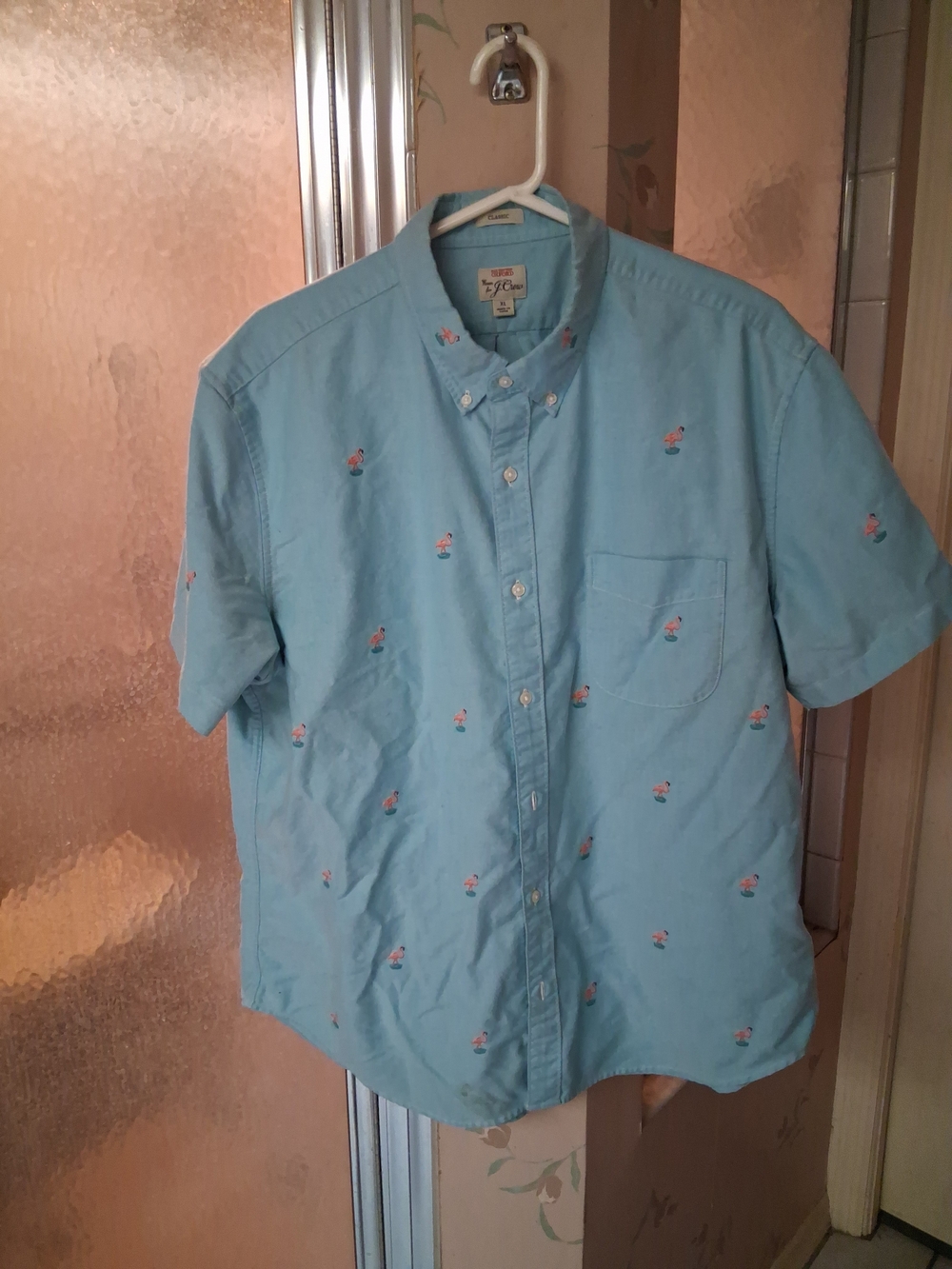 J. Crew Light Blue Short-Sleeve Button-Down Shirt with Flamingo Embroidery XL